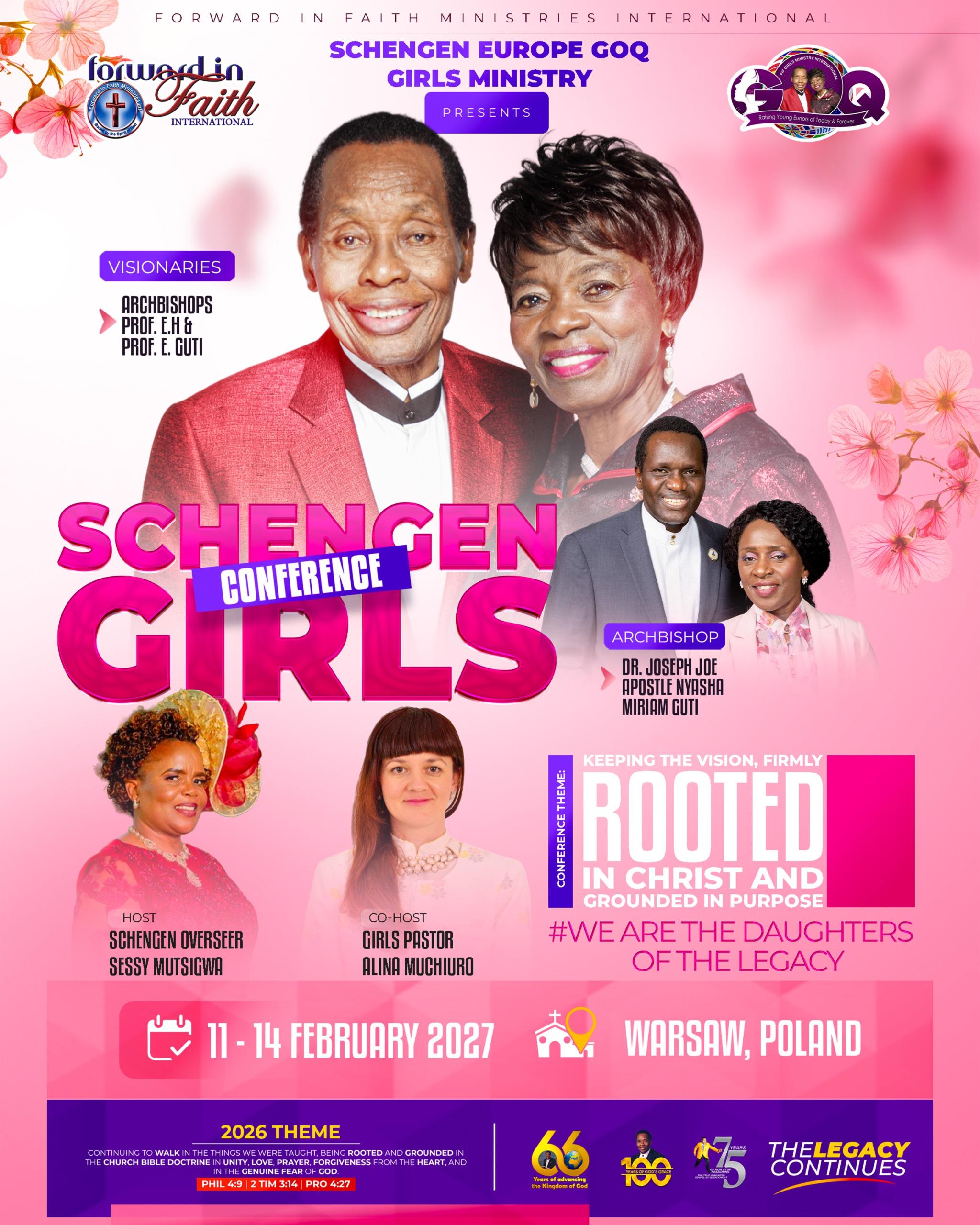 Official Schengen Girls Conference 2027 poster with the conference theme, speakers, dates and Warsaw location