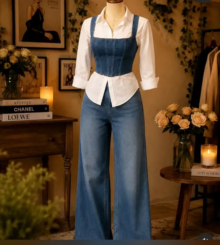 Denim corset top styled over a white blouse with wide-leg jeans