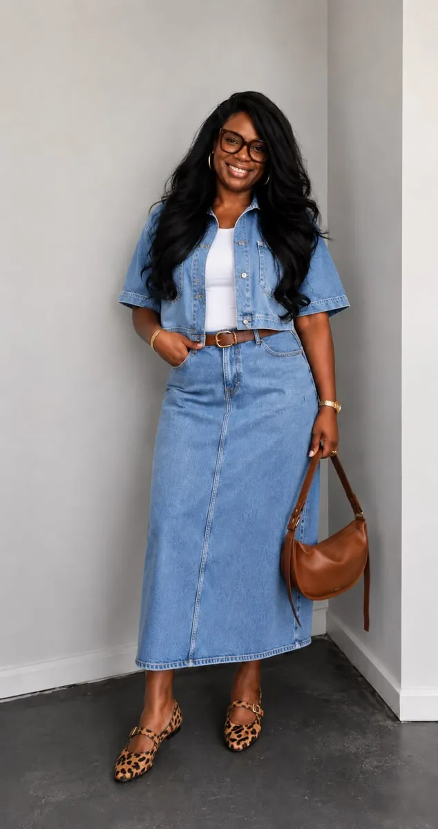 Woman in a light denim shirt and long denim skirt with a brown bag