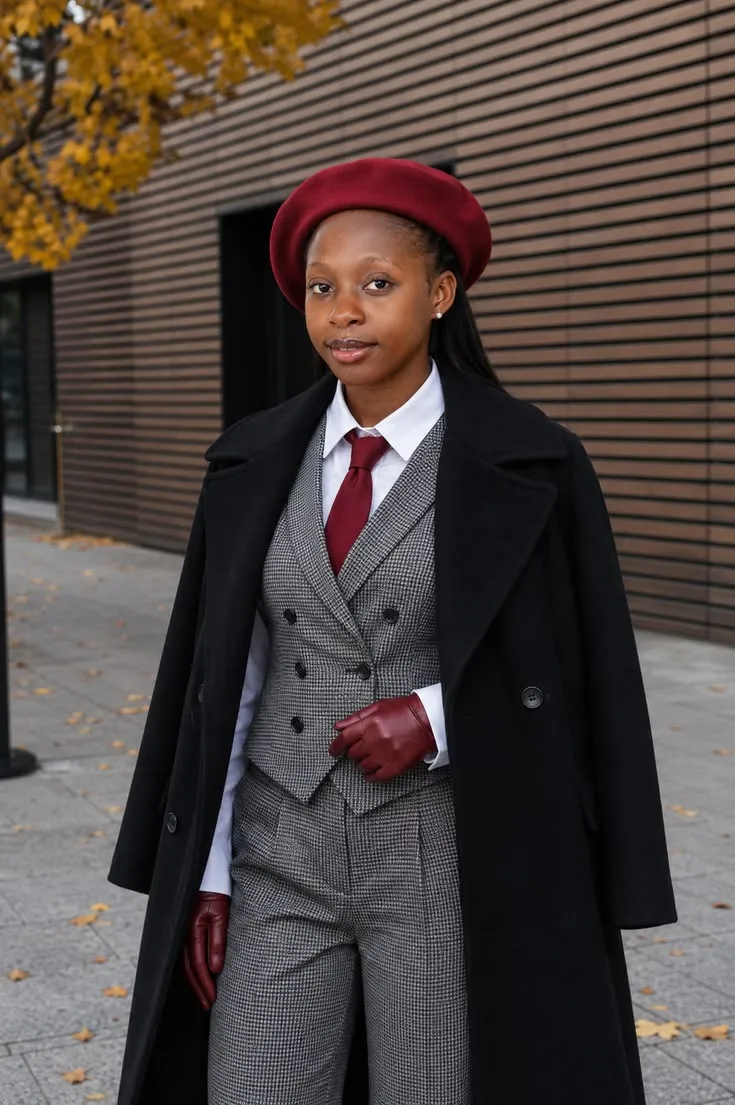 Woman in a burgundy waistcoat suit with a white shirt